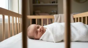 A sleeping newborn wrapped in a white blanket inside a wooden crib in a softly lit nursery